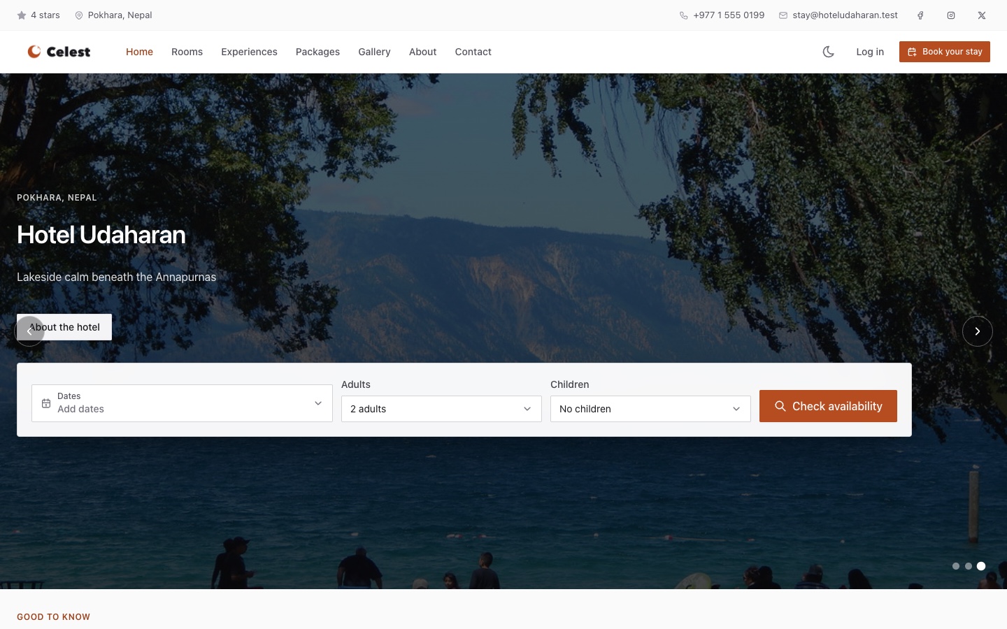 Celest guest site — homepage with availability search